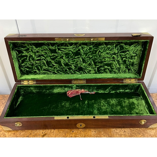 525 - A campaign style brass bound mahogany box with green lined interior AF (42cm x 15cm x 9cm)