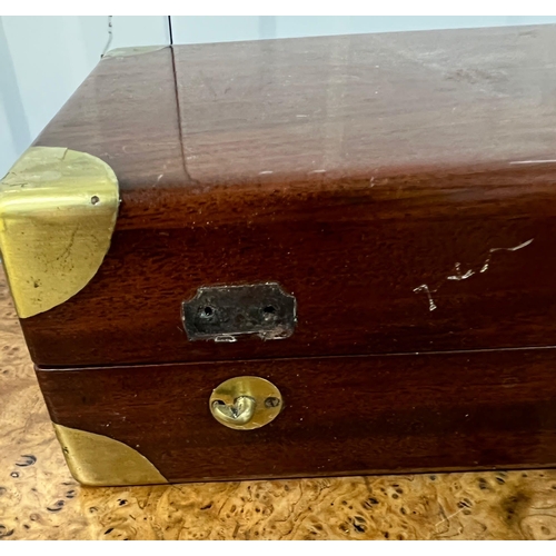 525 - A campaign style brass bound mahogany box with green lined interior AF (42cm x 15cm x 9cm)