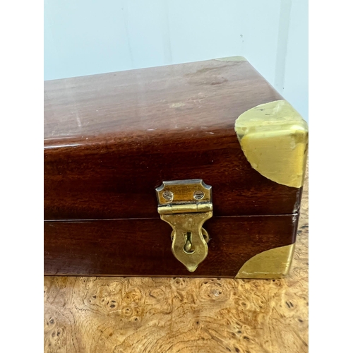 525 - A campaign style brass bound mahogany box with green lined interior AF (42cm x 15cm x 9cm)