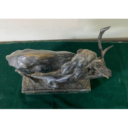 534 - A bronze sculpture of a panther seizing a stag on a marble based, signed (H32cm W30cm)