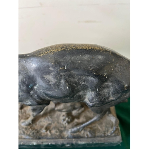 534 - A bronze sculpture of a panther seizing a stag on a marble based, signed (H32cm W30cm)