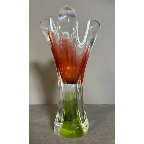 574 - An art glass cranberry and green vase by Chribska of Czechoslovakia