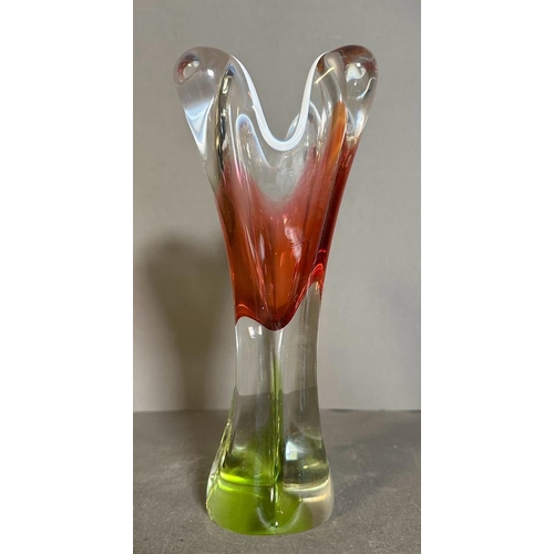 574 - An art glass cranberry and green vase by Chribska of Czechoslovakia