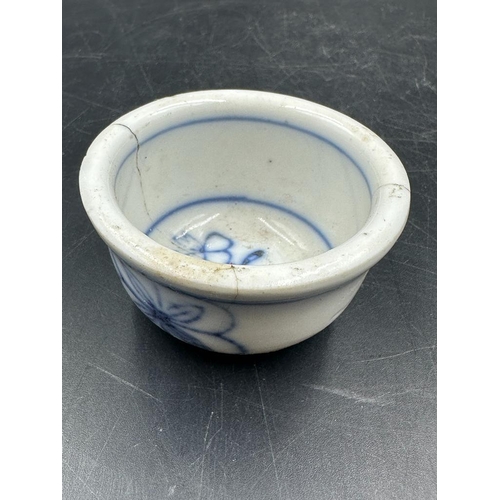 640 - Six Chinese brass egg cups with blue and white ceramic liners AF