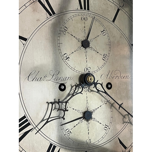 649 - An oak brass dial longcase clock with five pillar movement, seconds and calendar dials also strike/s... 