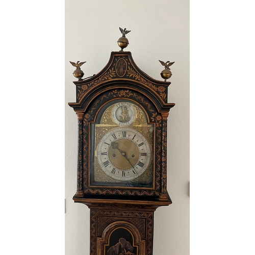 650 - An English black lacquered longcase clock the blacked japanned case with chinoiserie decoration. 8 d... 