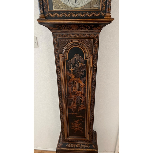 650 - An English black lacquered longcase clock the blacked japanned case with chinoiserie decoration. 8 d... 