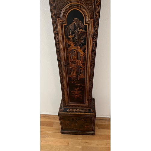 650 - An English black lacquered longcase clock the blacked japanned case with chinoiserie decoration. 8 d... 