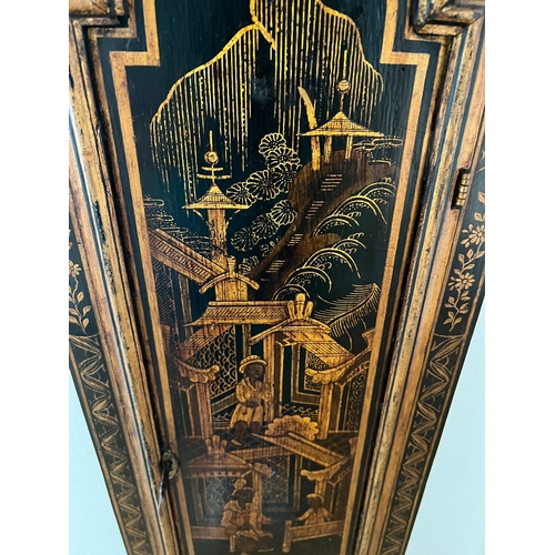 650 - An English black lacquered longcase clock the blacked japanned case with chinoiserie decoration. 8 d... 