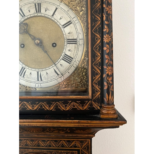 650 - An English black lacquered longcase clock the blacked japanned case with chinoiserie decoration. 8 d... 