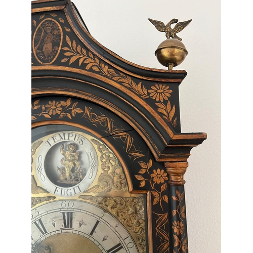 650 - An English black lacquered longcase clock the blacked japanned case with chinoiserie decoration. 8 d... 