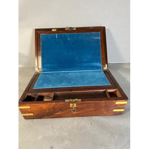 671 - A mahogany brass inlaid writing slope with a blue velvet interior AF H14 40x24