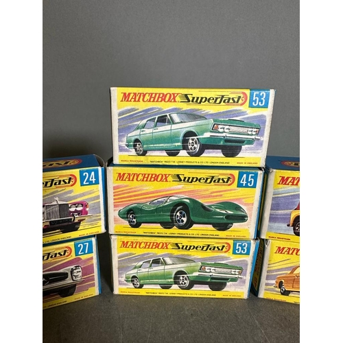 743 - A selection of seven Matchbox Superfast toy cars boxed. numbers 24,27,53,45,18 and 46