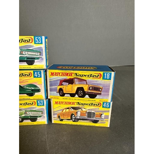 743 - A selection of seven Matchbox Superfast toy cars boxed. numbers 24,27,53,45,18 and 46