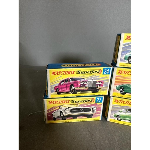 743 - A selection of seven Matchbox Superfast toy cars boxed. numbers 24,27,53,45,18 and 46