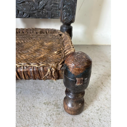 90 - A vintage Punjabi low wedding chair with carved back and turned legs (H72cm W46cm D46cm SH18cm)