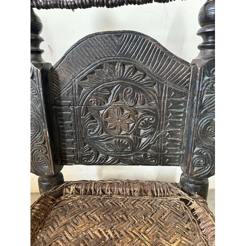 90 - A vintage Punjabi low wedding chair with carved back and turned legs (H72cm W46cm D46cm SH18cm)