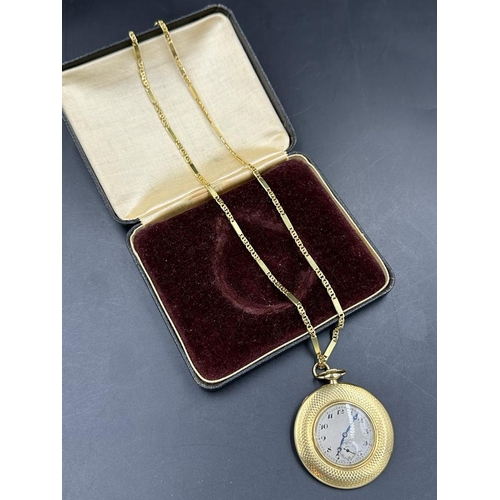 479A - An 18ct gold Longines 16 Jewels pocket watch on an 18ct fancy link chain, marked 750 505mm in length... 