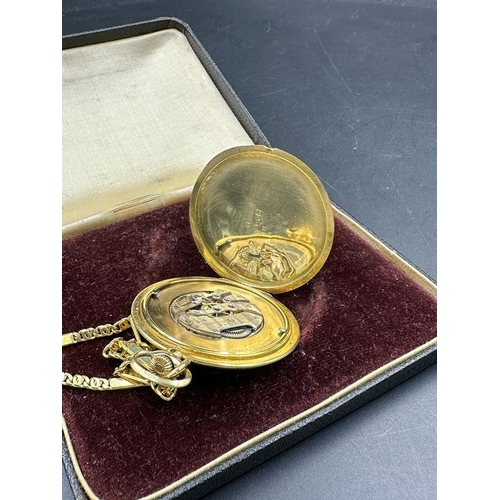 479A - An 18ct gold Longines 16 Jewels pocket watch on an 18ct fancy link chain, marked 750 505mm in length... 