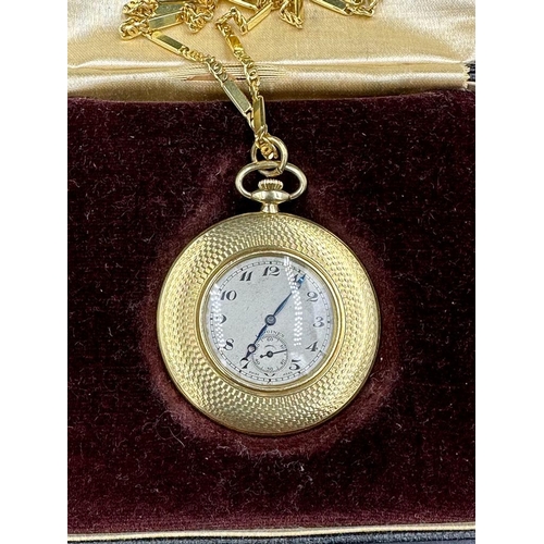 479A - An 18ct gold Longines 16 Jewels pocket watch on an 18ct fancy link chain, marked 750 505mm in length... 