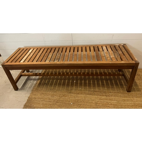 147 - Two teak slatted benches by Habitat (H46cm W146cm D40cm)