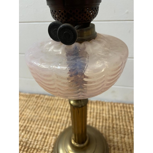 160 - A Victorian brass table oil lamp with etched shade (H66cm)