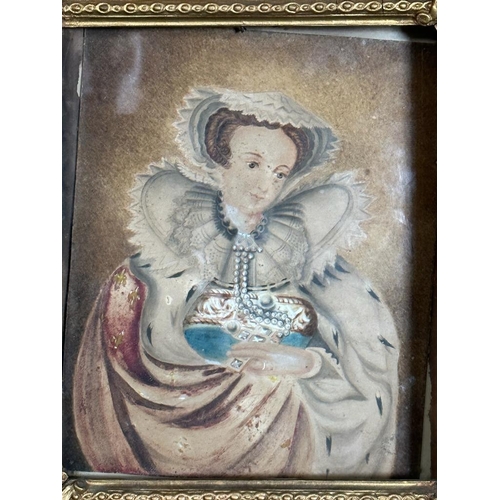 225 - A 19th Century watercolour of a 16th Century lady with ermine stole and set in a gilt frame