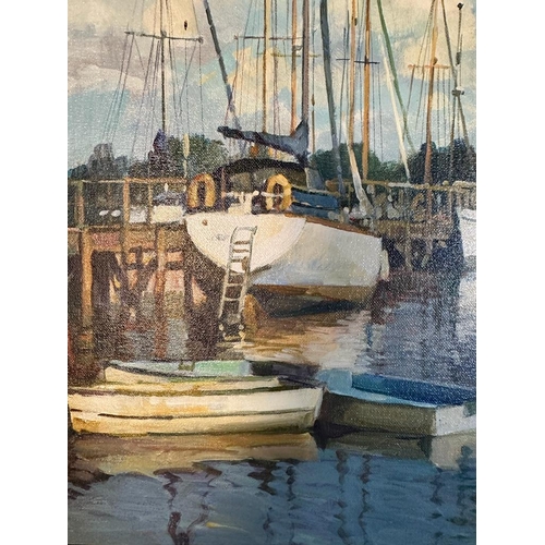 228 - An oil on canvas of a harbour scene, Clive Kidder signed lower right 59cm x 45cm