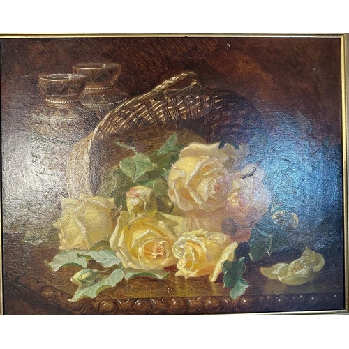 229 - A still life oil on canvas of yellow rosed tumbling from a basket, Eloise Harriet Stannard (1829 - 1... 