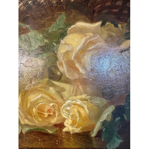 229 - A still life oil on canvas of yellow rosed tumbling from a basket, Eloise Harriet Stannard (1829 - 1... 