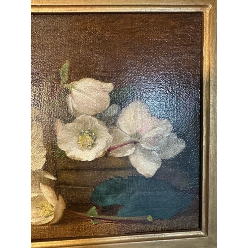 231 - An oil on canvas of sweet magnolias in a basket, unsigned 45cm x 24cm