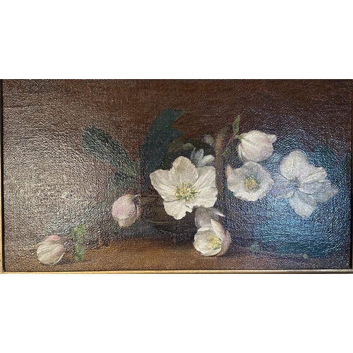 231 - An oil on canvas of sweet magnolias in a basket, unsigned 45cm x 24cm