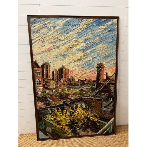 235 - Townscape with forsythia by Edward Beale (6ft x 4ft)