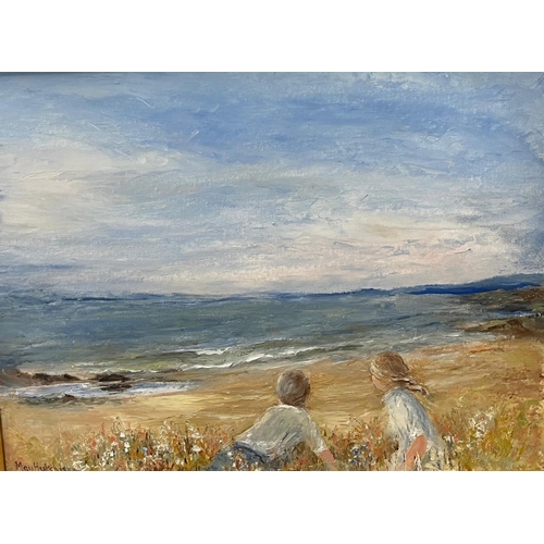 252 - MAY HUTCHISON (SCOTTISH 1918-2012) oil on canvas board of two children at the beach looking out to s... 