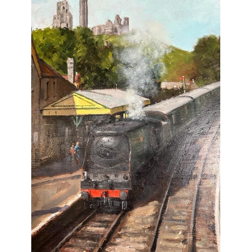 269 - Ian Hargreaves (English 1957-) 'Next Train to Swanage' oil on panel 46cm x 55cm