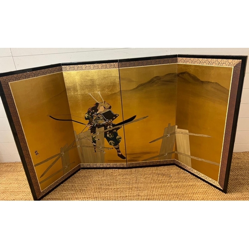 276 - A Japanese four fold screen of a warrior painted on paper, signed. (43cm x 92cm each panel)