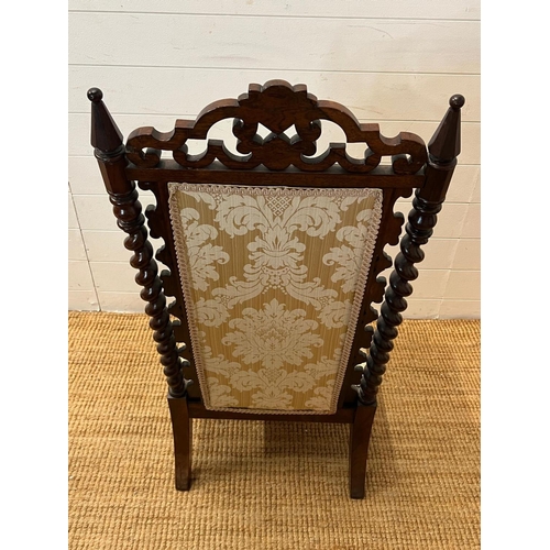 30 - A 19th Century hall/slipper chair with barley twist side supports and pierced back raised on turned ... 