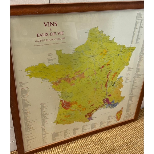 300 - A poster of Frances wine regions and vin yards and framed wine labels (SQ95cm)