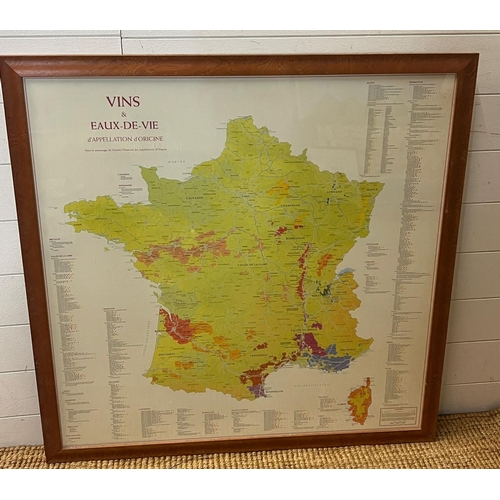 300 - A poster of Frances wine regions and vin yards and framed wine labels (SQ95cm)