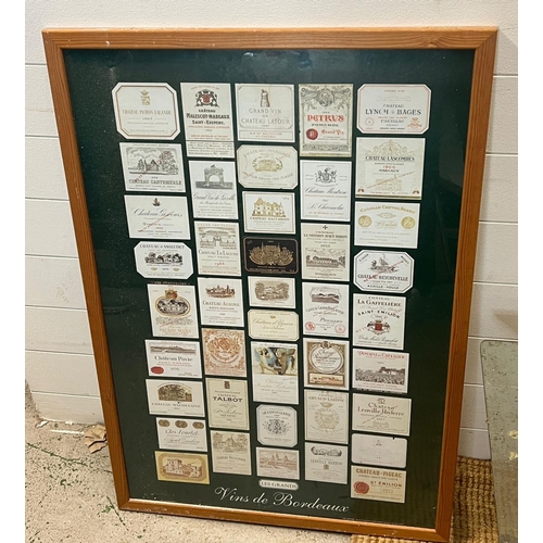 300 - A poster of Frances wine regions and vin yards and framed wine labels (SQ95cm)