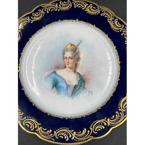 317 - An 18th Century Sèvres hand-painted and parcel-gilt cobalt porcelain portrait plate of the Duchess d... 