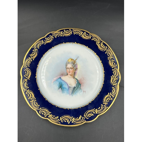 317 - An 18th Century Sèvres hand-painted and parcel-gilt cobalt porcelain portrait plate of the Duchess d... 