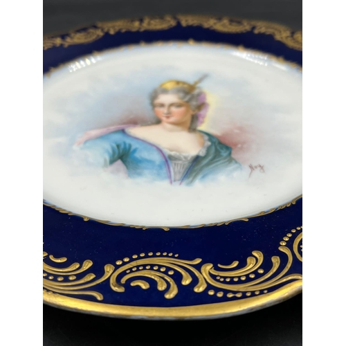 317 - An 18th Century Sèvres hand-painted and parcel-gilt cobalt porcelain portrait plate of the Duchess d... 