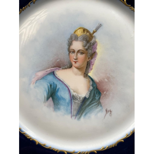 317 - An 18th Century Sèvres hand-painted and parcel-gilt cobalt porcelain portrait plate of the Duchess d... 