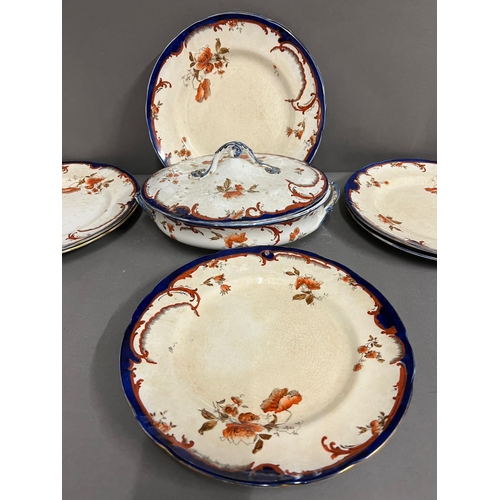 328 - Eight Doulton Rococo dinner plates and one lidded serving dish