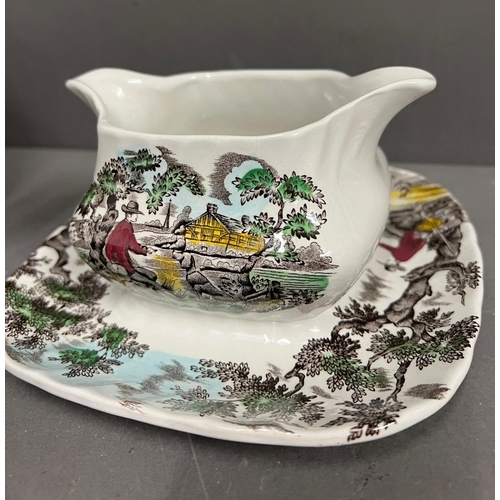 329 - The Hunter pattern china service by Myott including lidded serving dish with handles and two sauce b... 