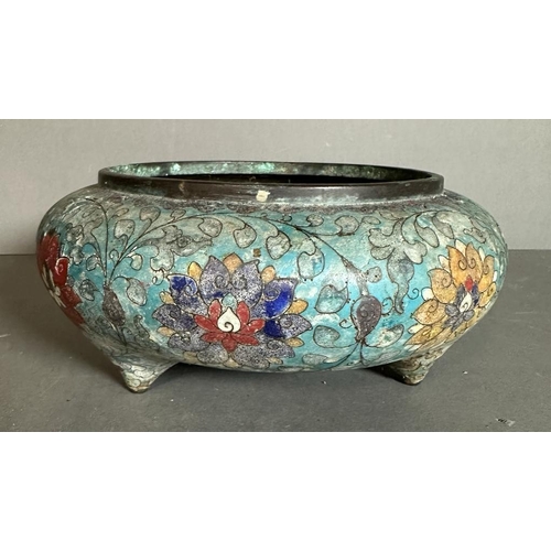 339 - A blue ground Cloisonne Senser with floral detail, signed to bottom