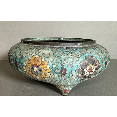 339 - A blue ground Cloisonne Senser with floral detail, signed to bottom