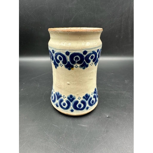 344 - 'Talavera Po Blana' Mexican Albarello from Puebla, blue and white, approximately 14cm in height AF w... 