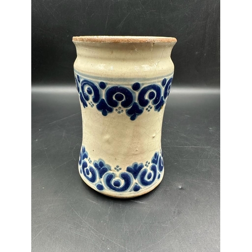 344 - 'Talavera Po Blana' Mexican Albarello from Puebla, blue and white, approximately 14cm in height AF w... 